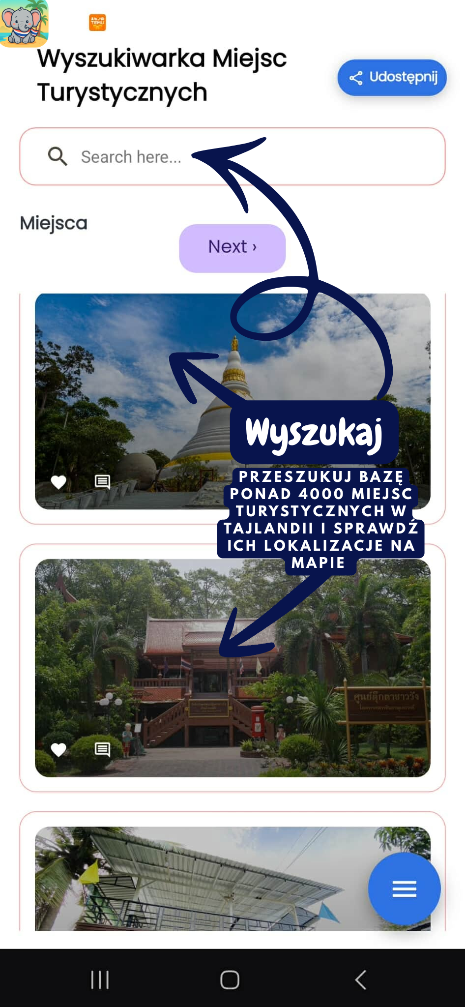 Wyszukiwarka atrakcji turystycznych w aplikacji Travel Planner Thailand