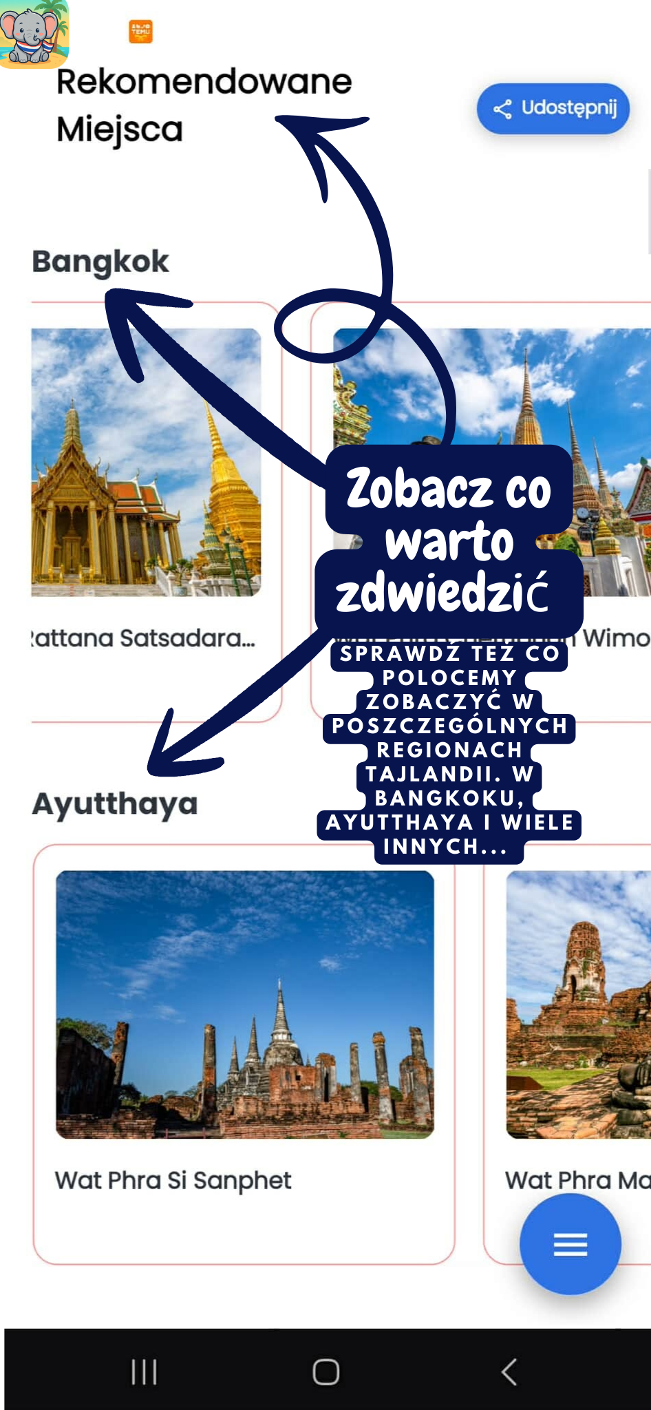 Sekcja rekomendowanych miejsc w aplikacji Travel Planner Thailand