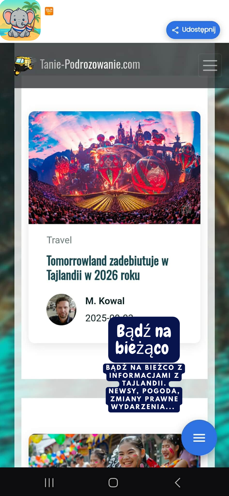 Widok sekcji aktualności w aplikacji Travel Planner Thailand