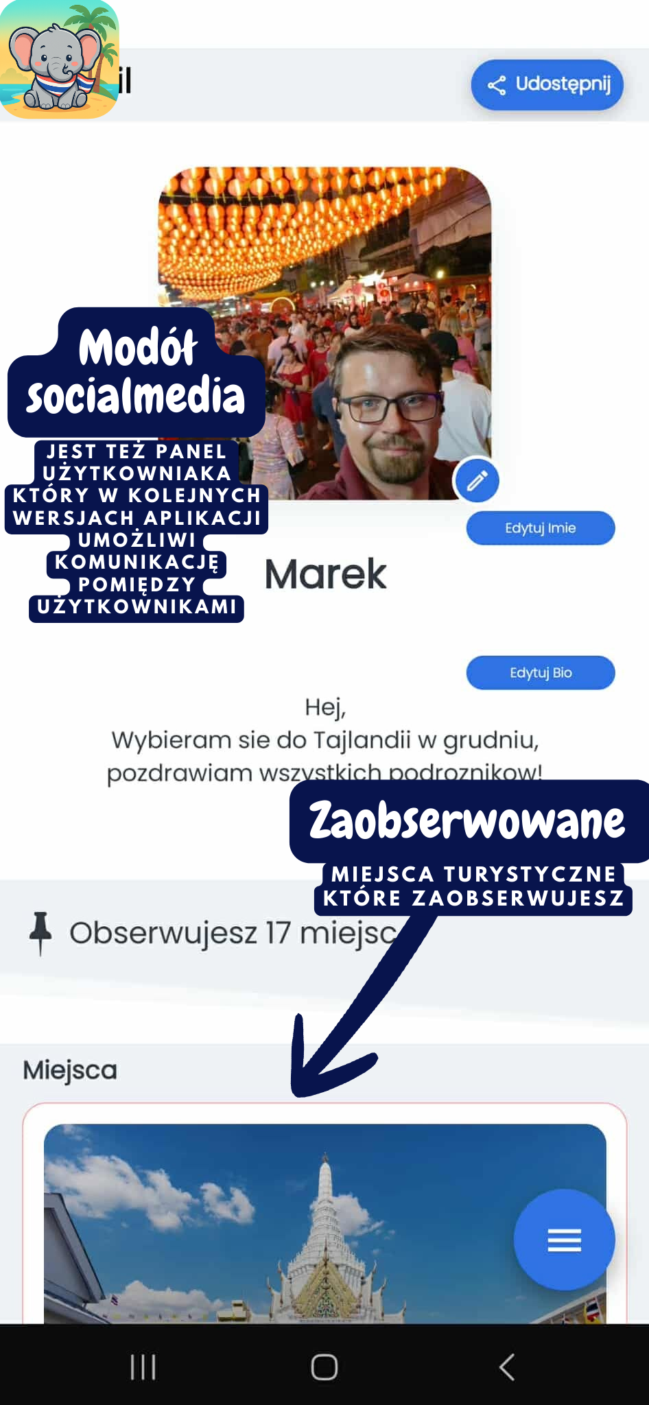 Widok profilu użytkownika w aplikacji Travel Planner Thailand