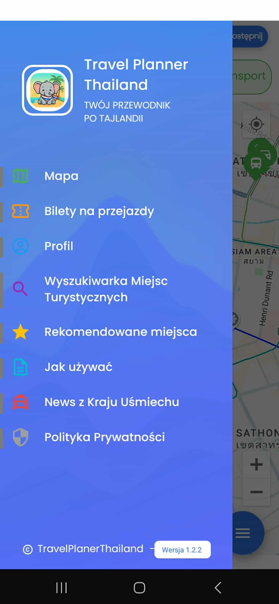 Menu boczne aplikacji Travel Planner Thailand