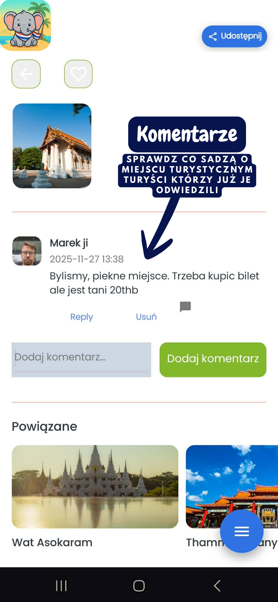 Sekcja komentarzy pod atrakcją w aplikacji Travel Planner Thailand