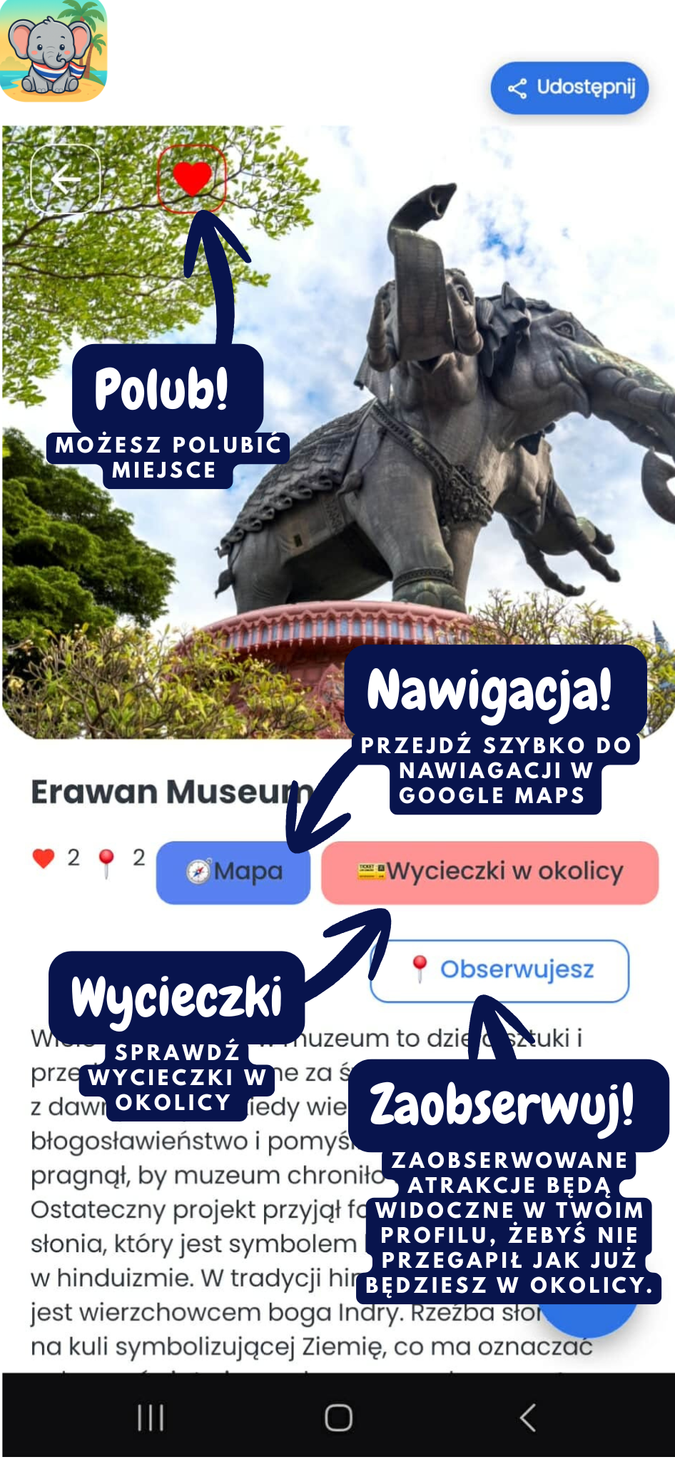 Ekran szczegółów atrakcji w aplikacji Travel Planner Thailand