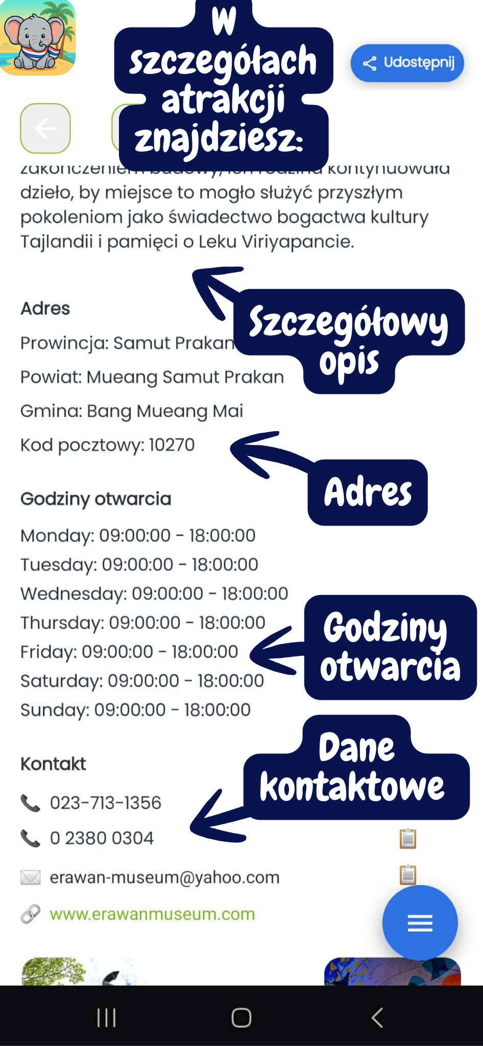 Szczegóły atrakcji w aplikacji Travel Planner Thailand