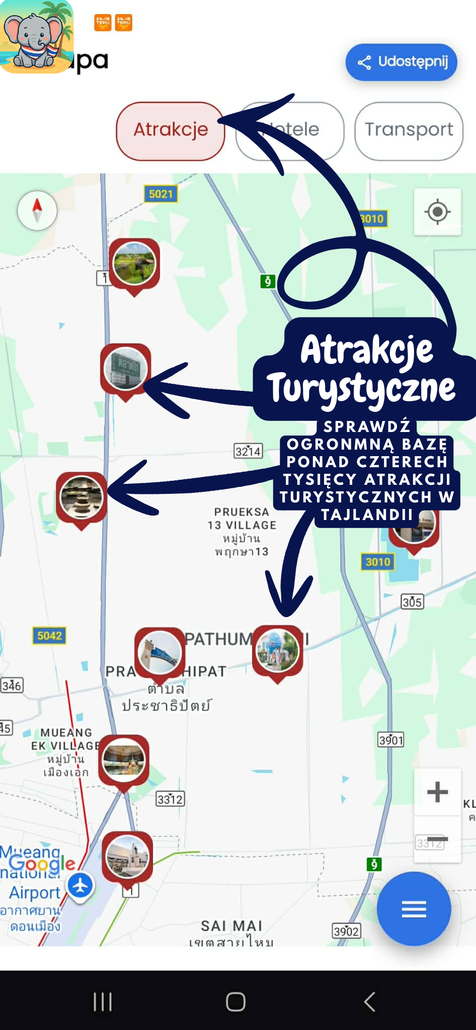 Mapa atrakcji turystycznych w aplikacji Travel Planner Thailand
