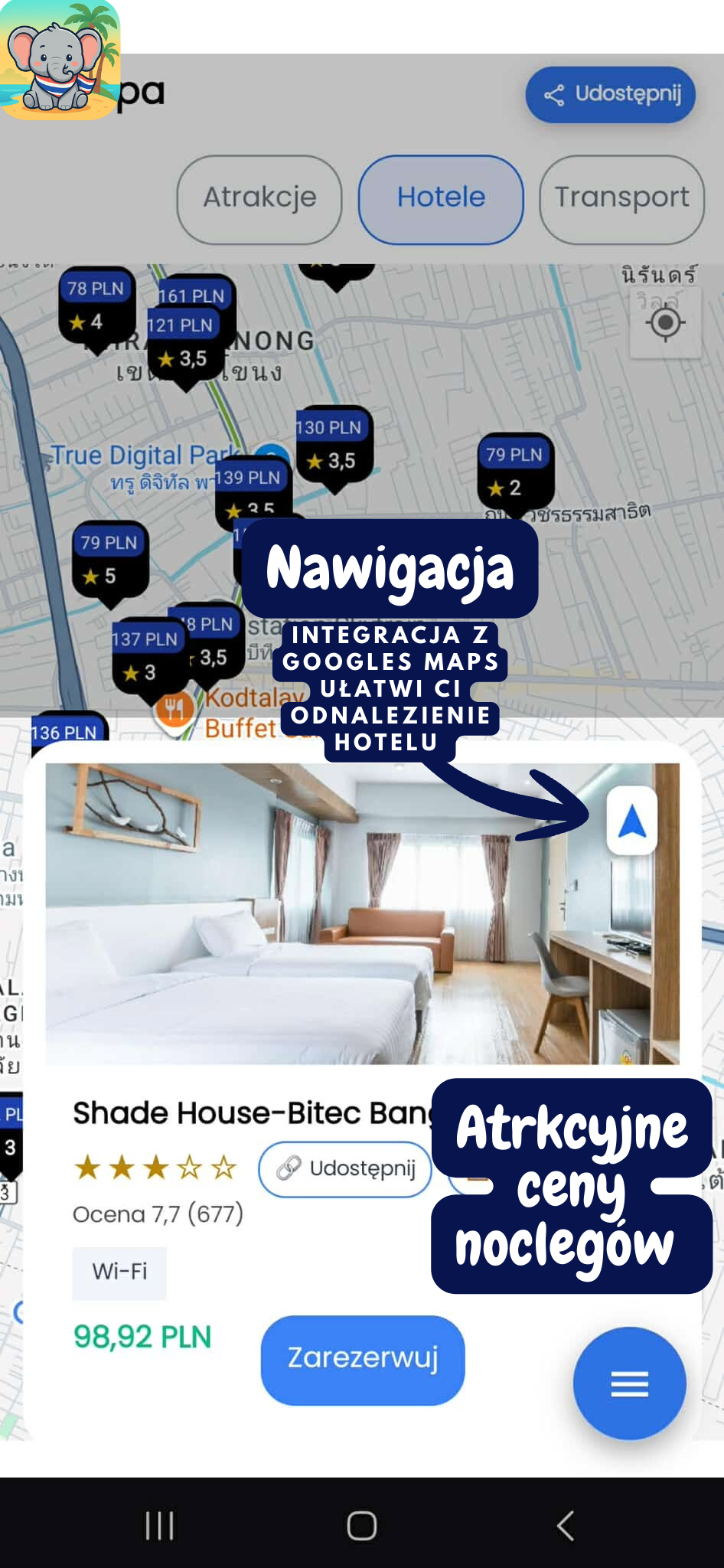 Nawigacja do hotelu w aplikacji Travel Planner Thailand