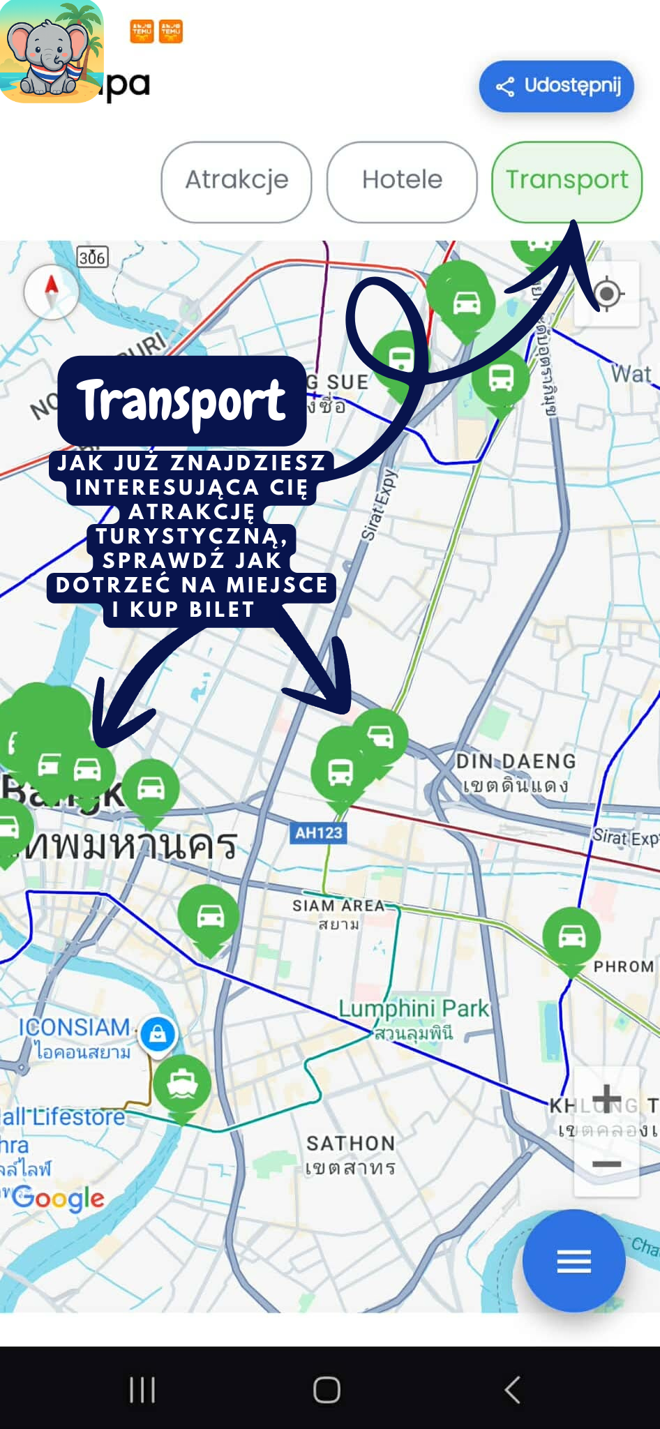 Widok transportu na mapie w aplikacji Travel Planner Thailand