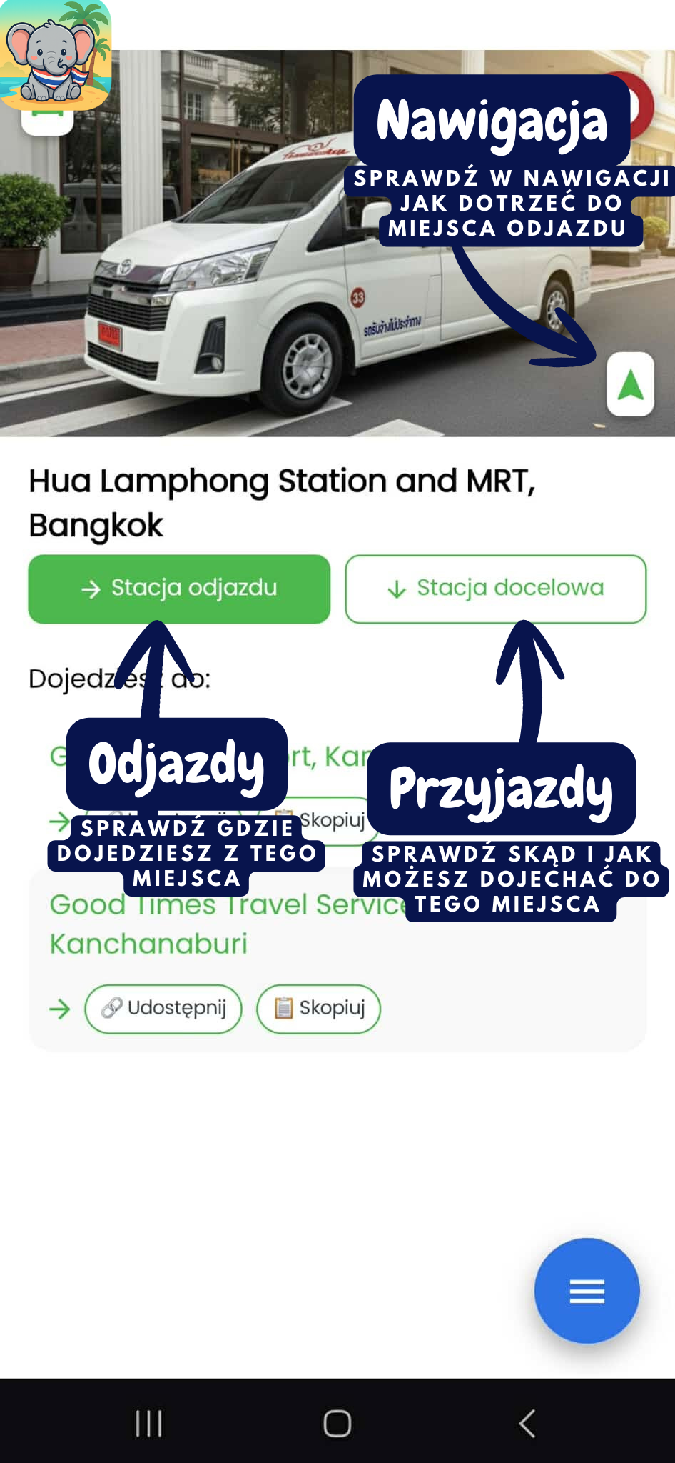 Widok stacji odjazdu i przyjazdu w aplikacji Travel Planner Thailand